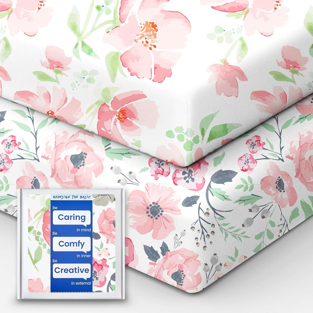 Baby Crib Sheets Girl, TotBasic Premium Soft Crib Mattress Sheet, Ultra Breathable Floral Crib Sheet Fitted, Super Stretchy Jersey Cotton Crib 28" x52‘’x9'' Extra Deep Pocket