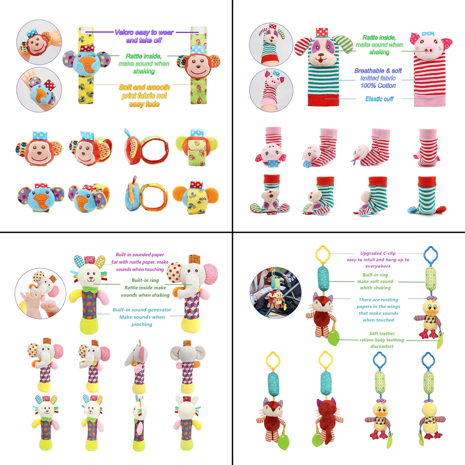 Wrist Rattles Foot Finder Rattle Sock Baby Toy, Hanging Rattle Toy, Hand Bracelet Rattle, Feet Leg Ankle Socks, Activity Rattle Present Gift for Newborn Infant Babies Boy Girl-12pcs A