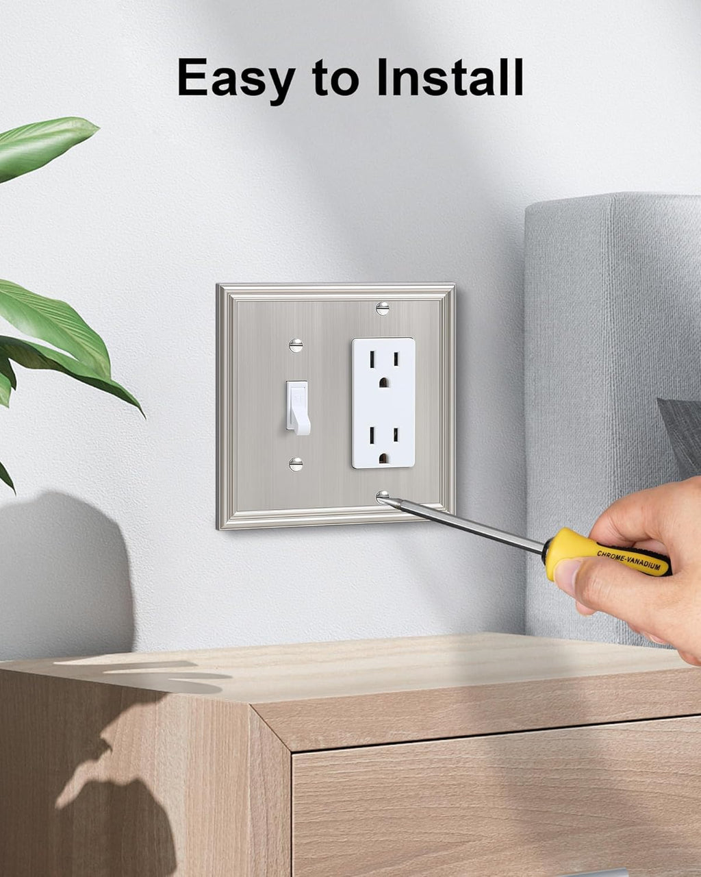 2-Pack Combo Toggle/Decorator Light Switch Cover Plate, Brushed Nickel Decorative Electrical Outlet Covers, Durable Solid Zinc Alloy Wall Switch Plates and Outlet Covers