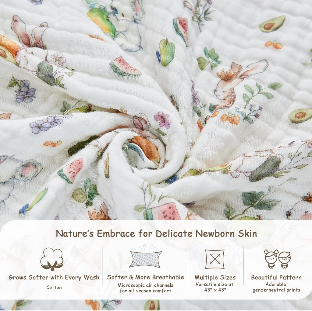 Luxury Muslin Baby Blanket, Soft Swaddle, 6-Layer Cotton Receiving Blanket for Newborn Infant, 43x43 Inch Lightweight Breathable Crib Blanket, Nursery Stroller Toddler Quilt, Animal Print