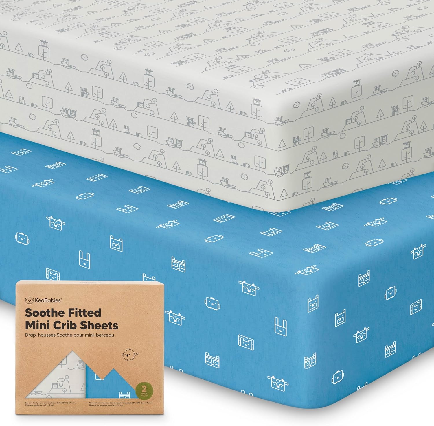 2-Pack Mini Crib Sheets Fitted - 38x26 Pack N Play Sheets for Pack and Play Mattress, Organic Cotton, Soft & Breathable Playard Bedding, Neutral Mini Toddler Bed Cover for Boys, Girls (KeaPixel)
