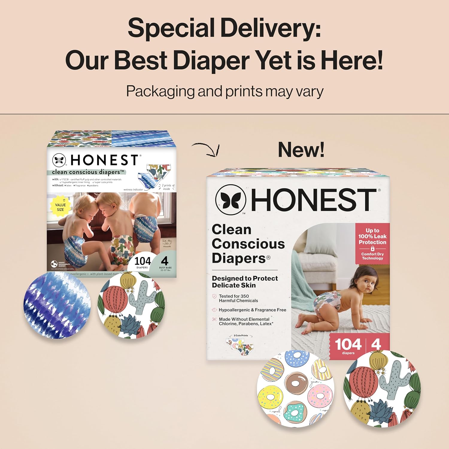 The Honest Company Clean Conscious Diapers for Delicate Skin | Up to 100% Leakproof | Hypoallergenic, Fragrance Free | Gender Neutral | Super Club Box, Size 4 (22-37 lbs), 104 Count (Prints May Vary)