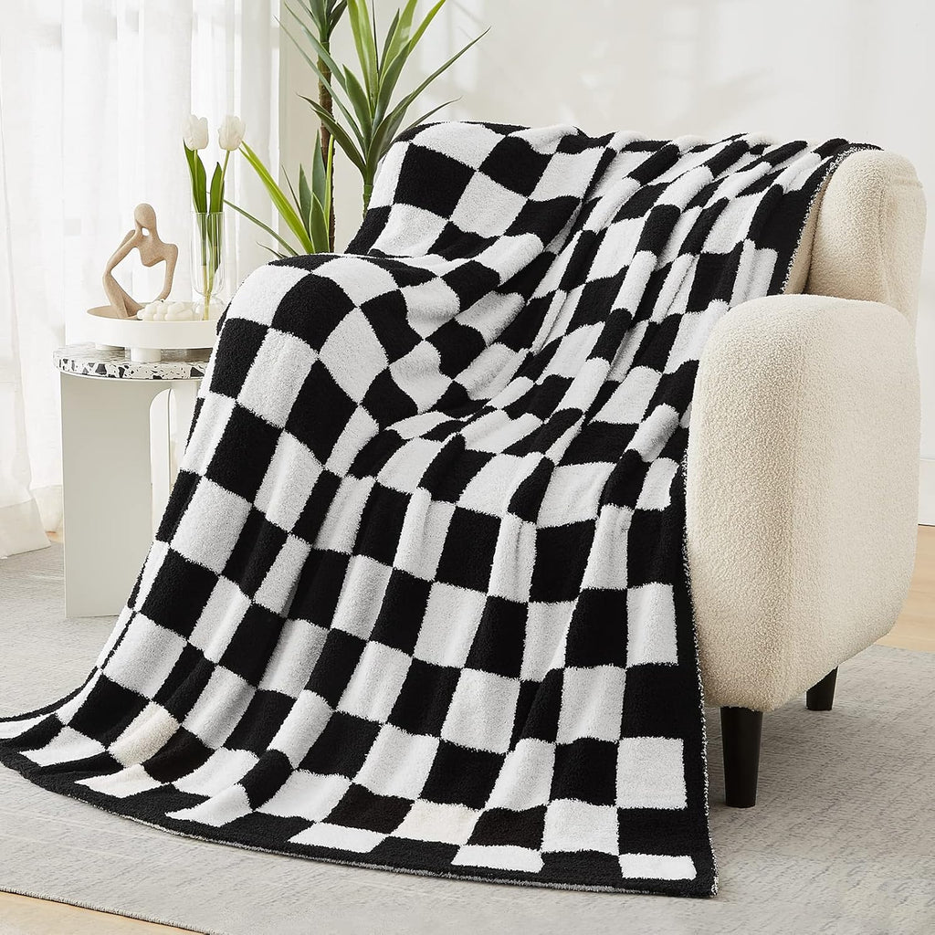 WRENSONGE Checkered Throw Blanket, Black and White Soft Cozy Fluffy Warm Hand Made Throw Blankets for Couch, Sofa, Chair, Bed, Camping, Picnic, Travel Lightweight Bed Blanket - 60"*80"