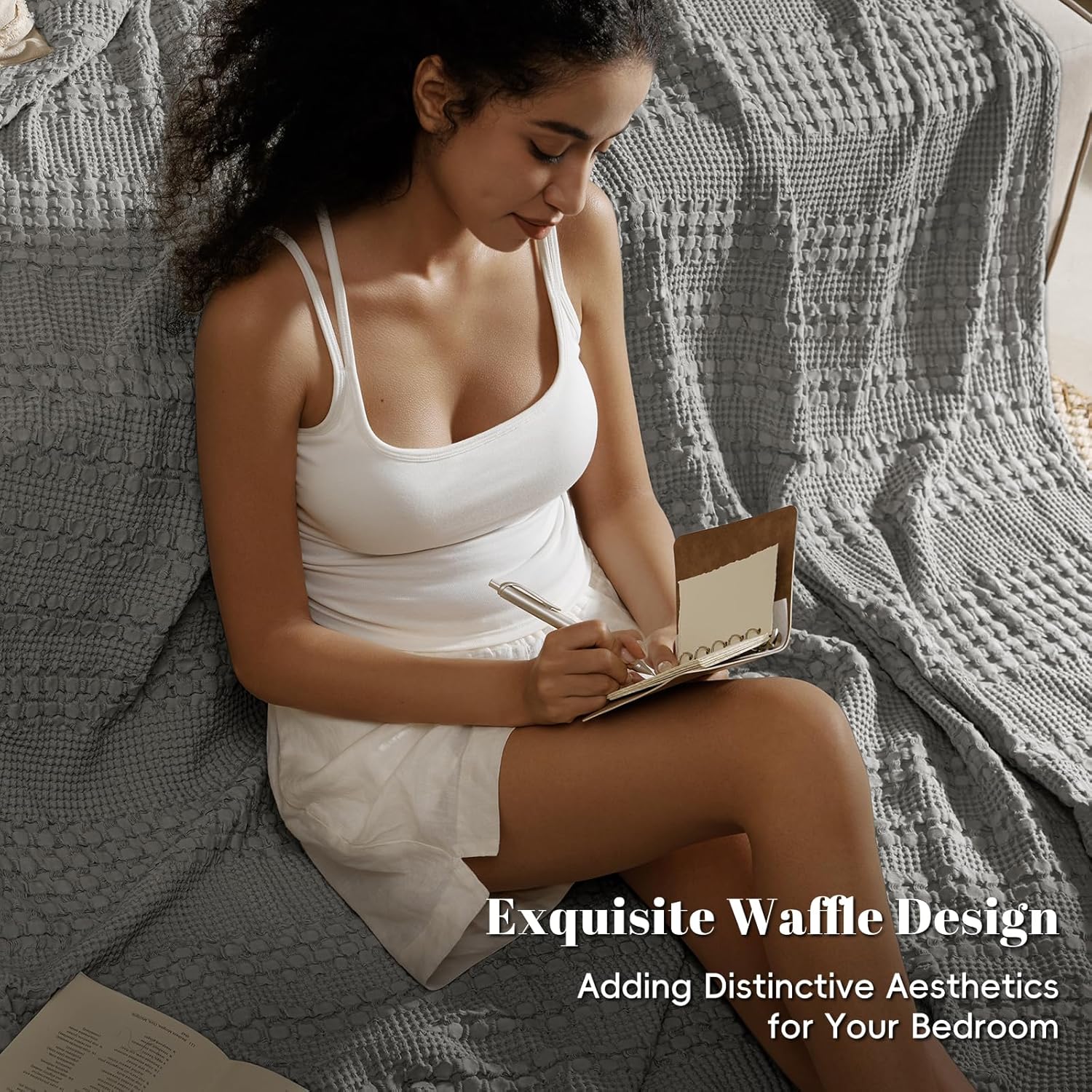 PHF 100% Cotton Waffle Weave Blanket Twin Size, Soft Lightweight Breathable Cozy Summer Blankets for Bed, Luxury Aesthetic Woven Bedding for Home Decor, 66"x90", Dark Grey