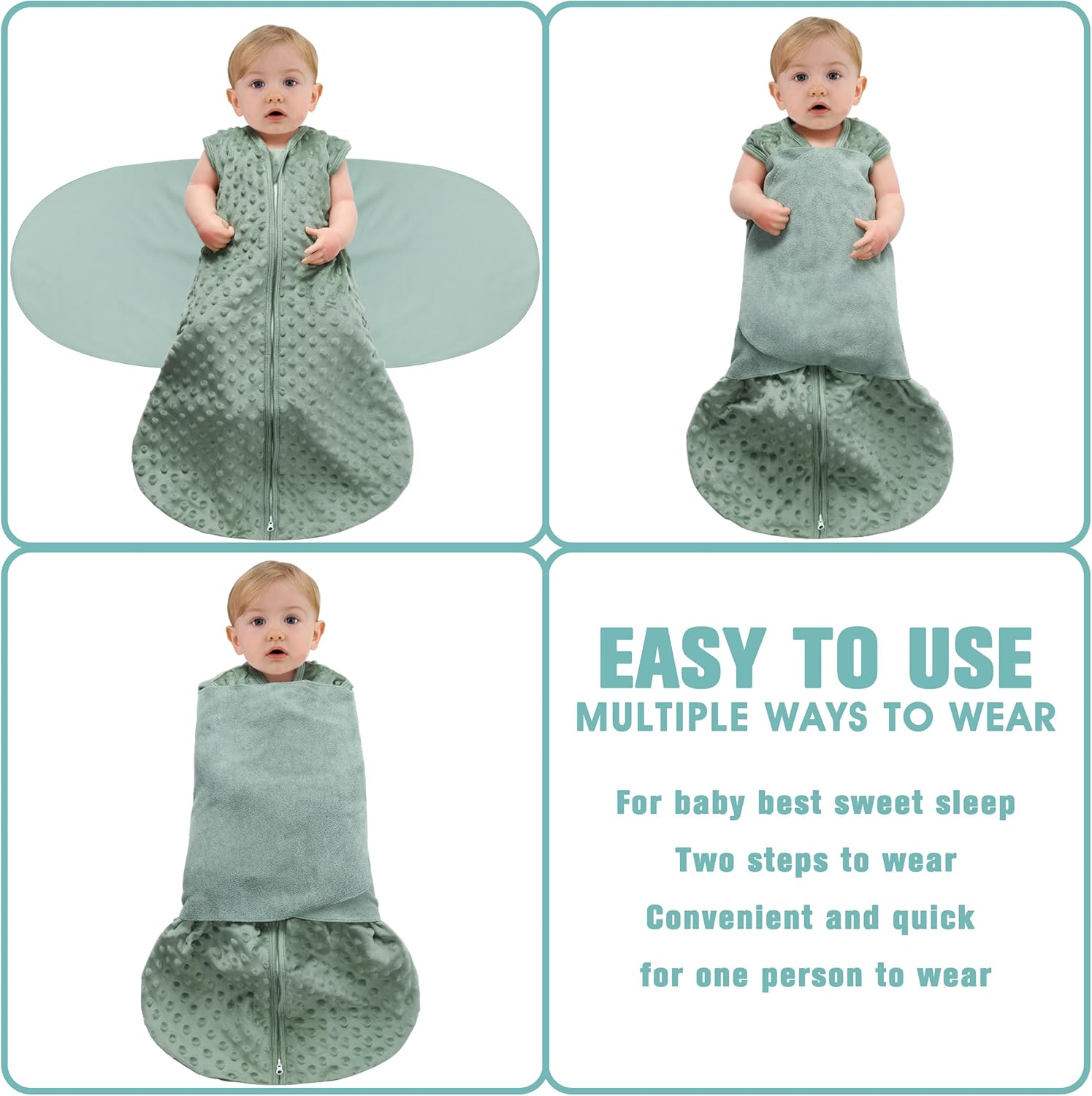 Fleece Newborn Sleep Sack Baby Swaddle,3-Way Adjustable Wearable Blanket,2 Pack Fleece Swaddling Sleeping Bag TOG 2.0， (Blue&Green, 6-12 Months)