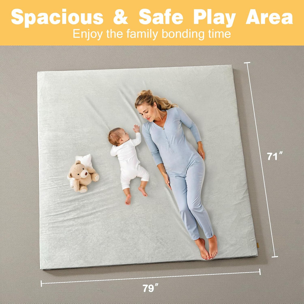 79" ×71" Padded Baby Play Mat for Floor, 1.2" Thick Memory Foam Mat with Machine Washable Cover, Soft Tummy Time Crawling Playmat with Non-Slip Bottom, Fits 79" x71" Playpens