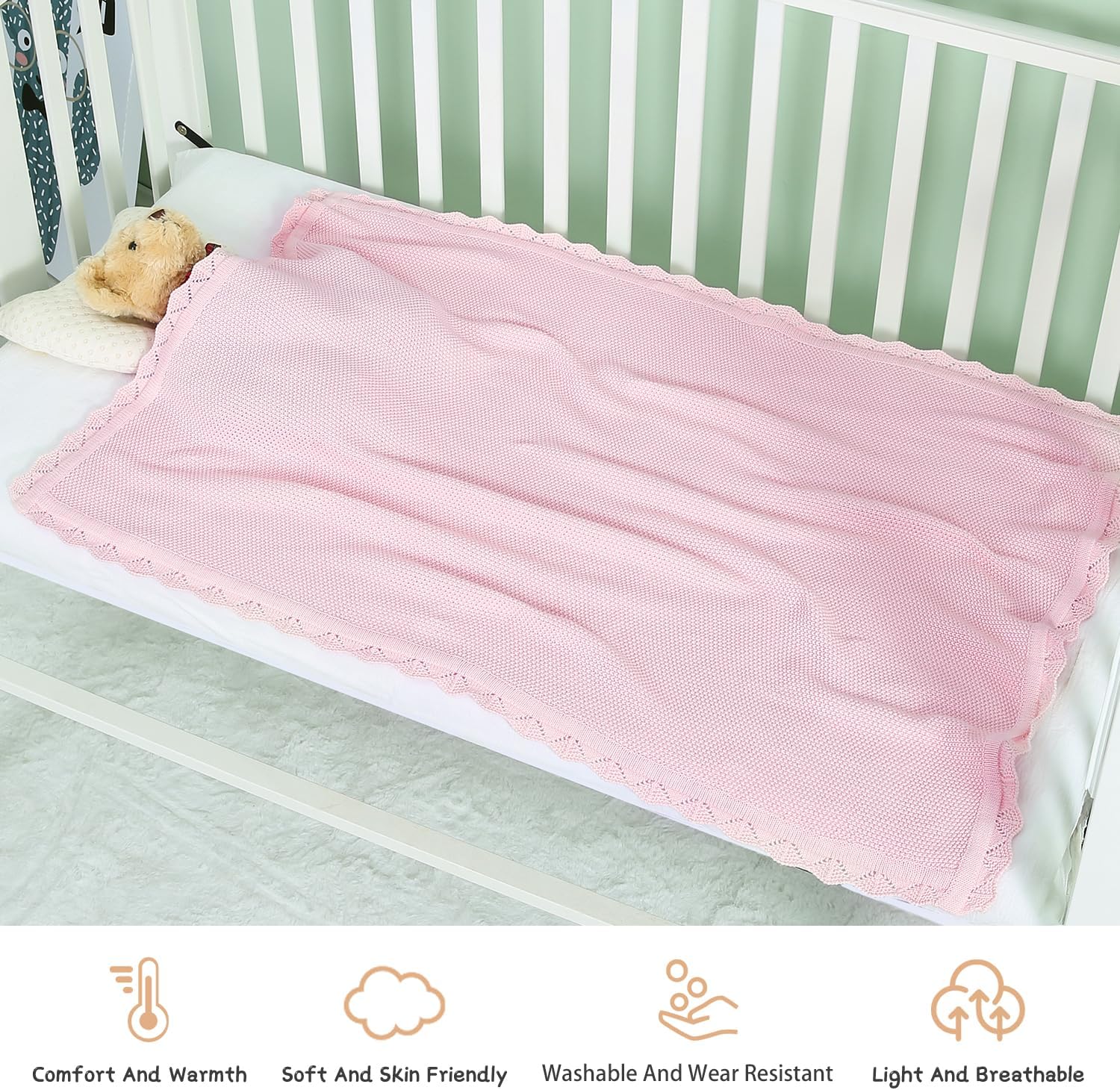 100% Cotton Baby Blanket Knit Soft Warm Lace Toddler Newborn Nursery Blanket,30 x 40 Inches, Light Pink