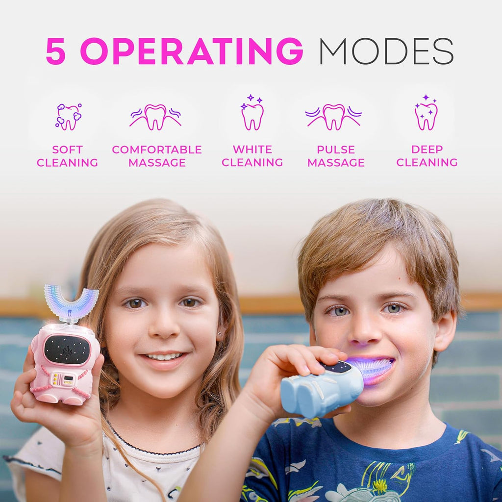 Sensory 360 Round U-Shaped Astronaut Design Mouthguard Electric Toothbrush for Kids Ages 2-7 - Automatic Memory Function - 5 Modes Toothbrush with Multiple Heads – Kids Travel Essentials (Pink)