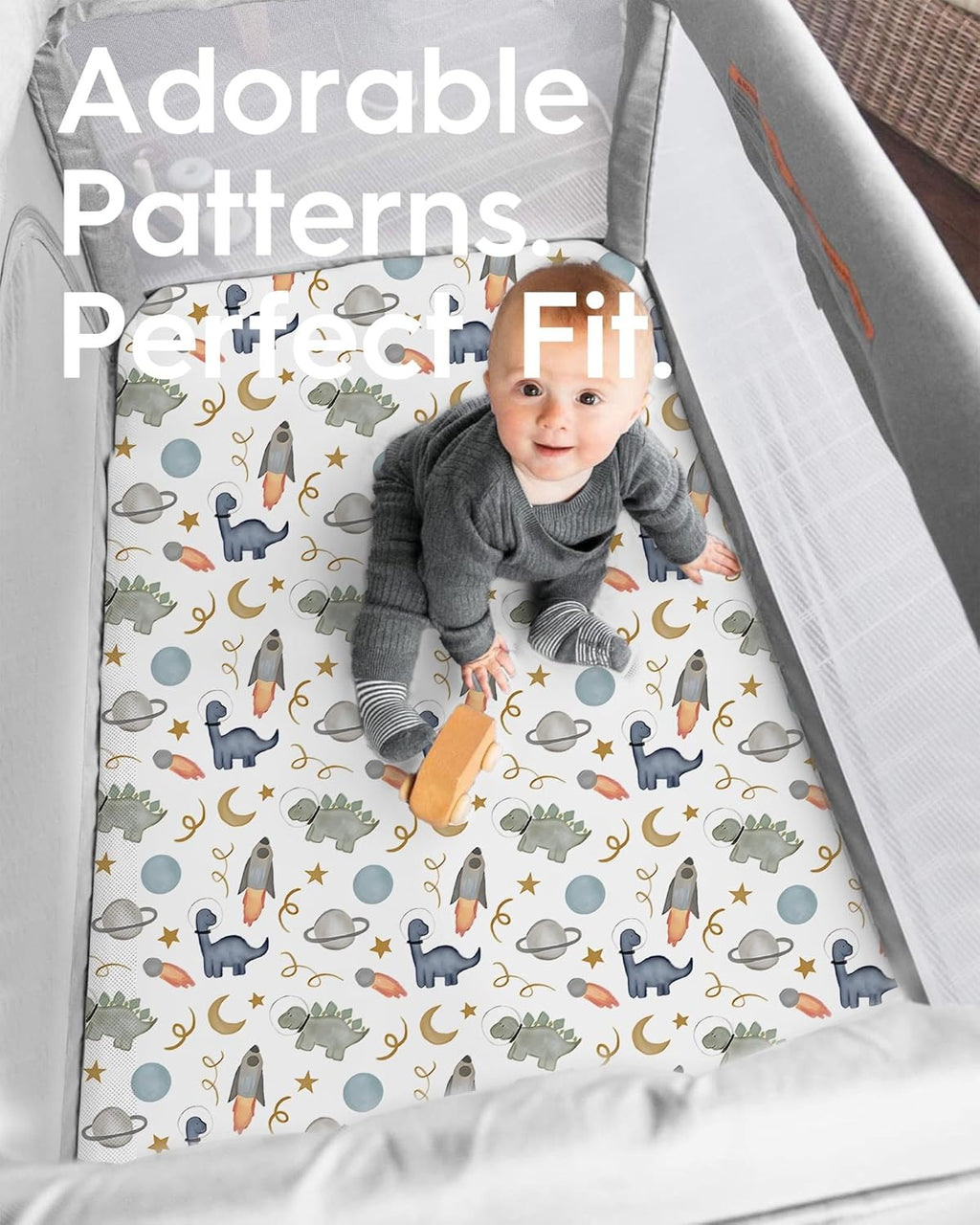 Graco Pack and Play Sheets Fitted, TotBasic Ultra Soft Mini Crib Sheets Boy, Neutral Pack N Play Mattress Sheets Hypoallergenic and Soothing, Premium Jersey Playrad Sheets, 2 Pack (Dino Space)