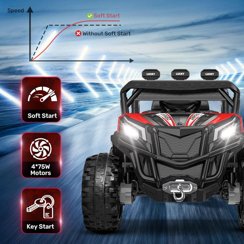 ANPABO 24V 4X4 Ride on Car Truck w/Remote Control, 4WD/2WD Switchable Kids UTV, 19" Spacious Seat, 4 Shock Absorbers, Soft Start, Music Player, Electric Car for Kids Ages 3+(Red)