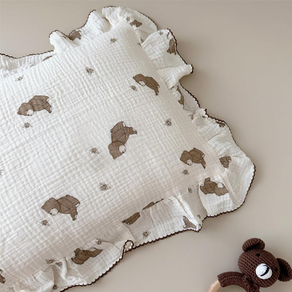 BuLuTu Cartoon Bear Muslin Pillowcase for Boys Girls Cute Animal Print Toddler Pillow Cases Soft Breathable Cotton Crib Cradle Pillow Cover for Kids Nursery Bedding,1 Piece, 14"x20"