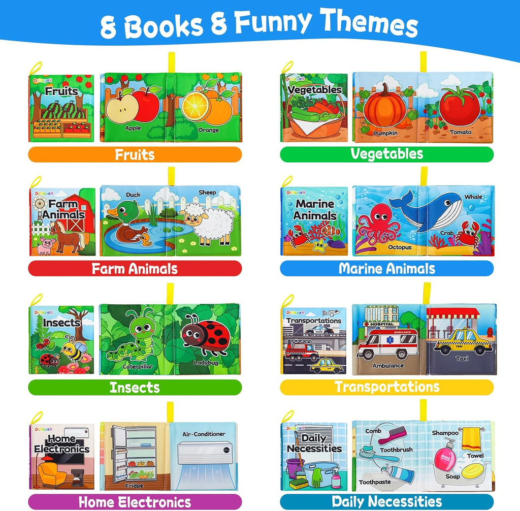 Dr.Rapeti Soft Cloth Books Baby Books Bath Books 8-Pack for Baby Infant Toddler Kid Crinkle Washable Chewable Early Educational Preschool Learning Giftable