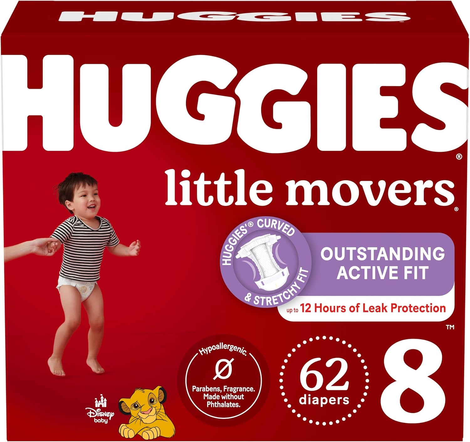 Huggies Size 8 Diapers, Little Movers Baby Diapers, Size 8 (46+ lbs), 62 Count