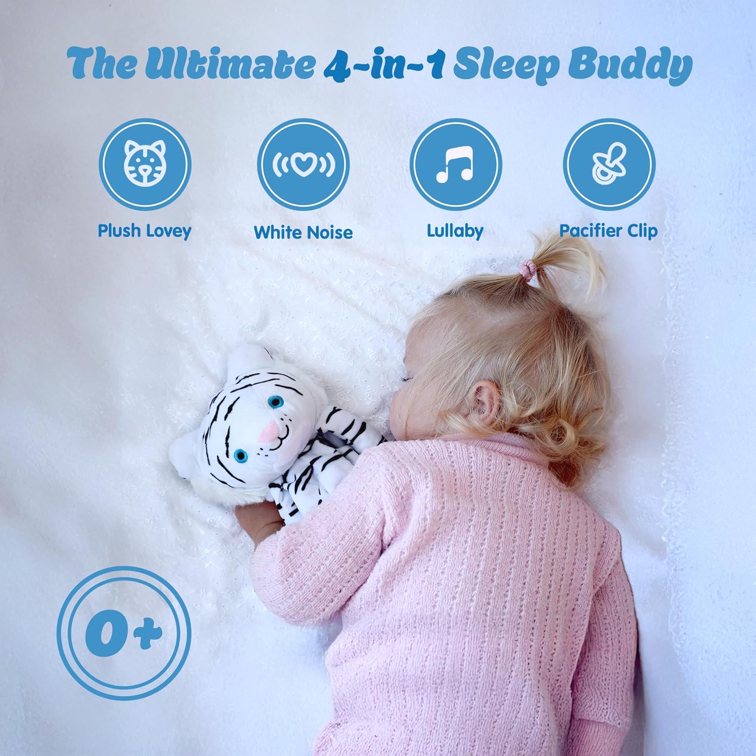 Love By Emi Baby Music Lovey White Tiger, Baby Sleep Soother for Crib & Cuddle Bedtime, White Noise with a Heartbeat & Lullaby, Plush Sound Machine Toy, Stuffed Animal for Newborns, Infants & Toddlers