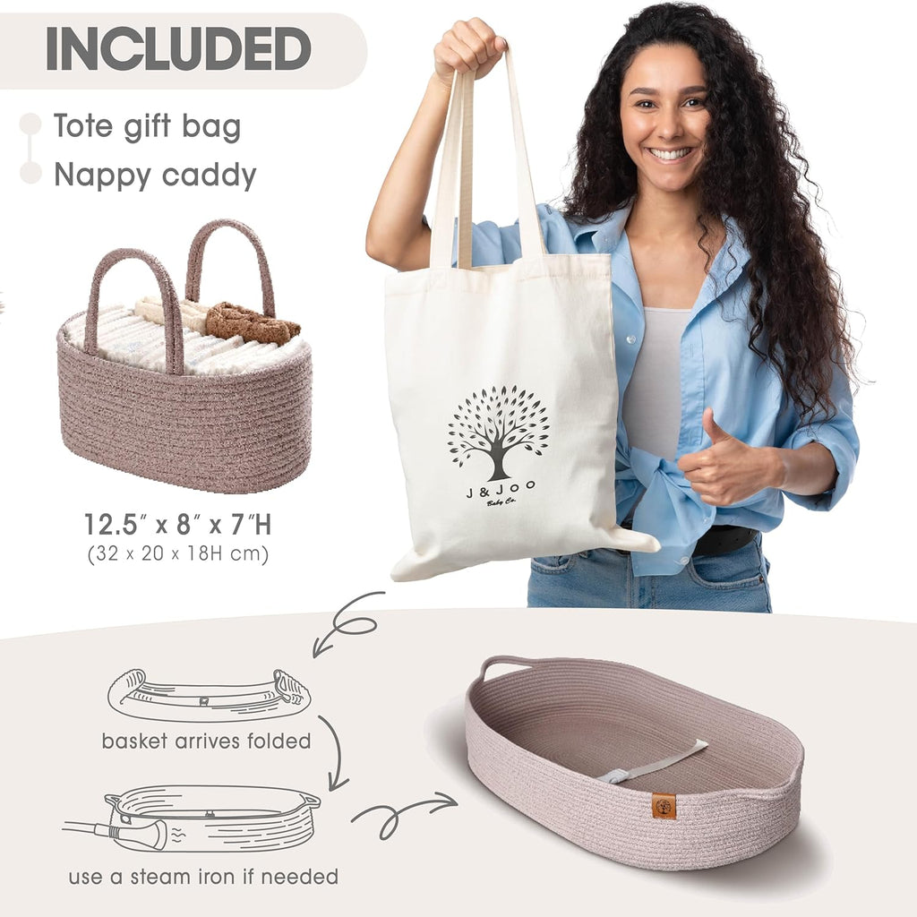 Baby Changing Basket Includes Diaper Caddy - Breathable & Waterproof Dual-Cover, Portable, Changing Pad for Dresser & Changing Table, Gift for Baby Shower, Cotton Rope Basket for Baby