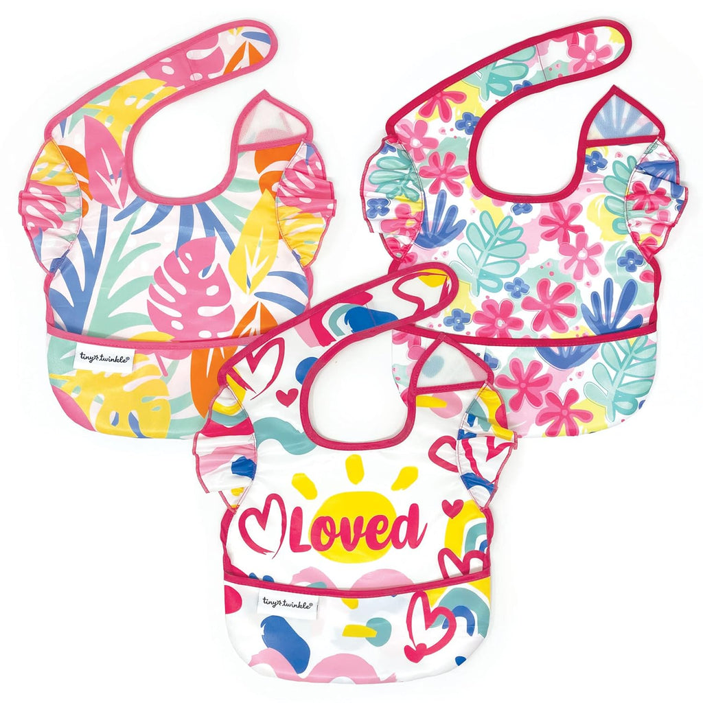 Tiny Twinkle Mess Proof Baby Bibs for Eating - Waterproof, Wipeable Bibs - Toddler Bibs - Travel Friendly - PFAS, PVC, BPA, Phthalate Free - Baby Food Bibs(3 Pack, Loved Girl)