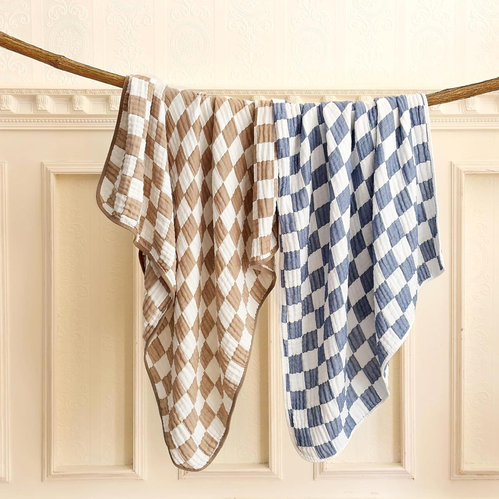 Ultra Soft Checkered Muslin Baby Blanket Pack of 2 Cotton Swaddles Bed Blankets for Babies and Toddlers Boys Newborn 42 x 42 inches (Blue and Coffee)