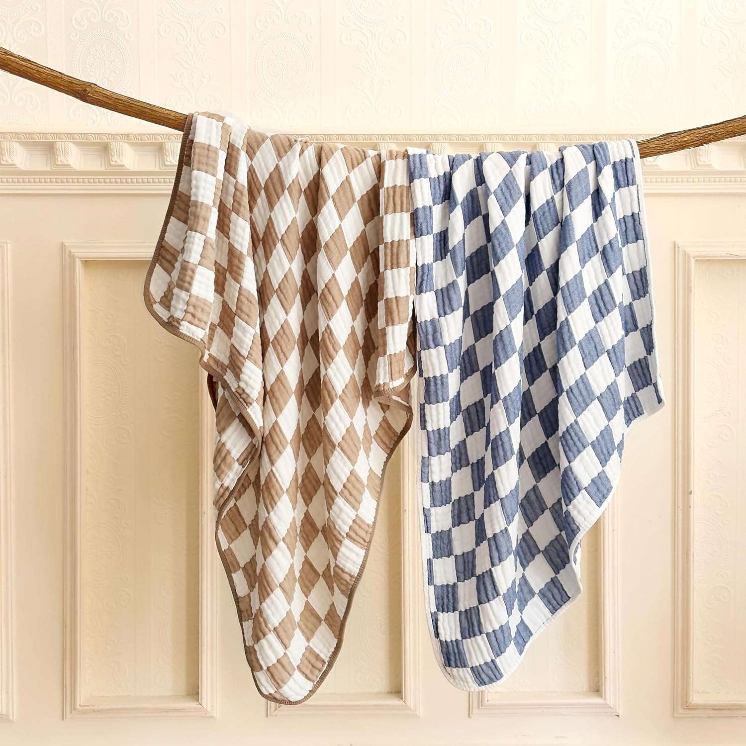 Ultra Soft Checkered Muslin Baby Blanket Pack of 2 Cotton Swaddles Bed Blankets for Babies and Toddlers Boys Newborn 42 x 42 inches (Blue and Coffee)