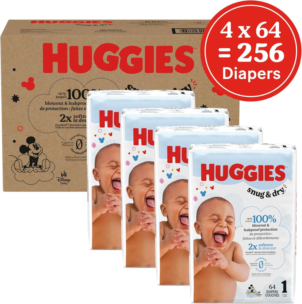 Huggies Size 1 Diapers, Snug & Dry Newborn Diapers, Size 1 (8-14 lbs), 256 Count (4 Packs of 64), Packaging May Vary