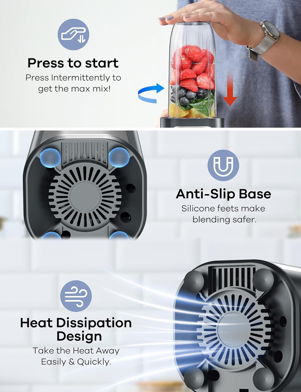 Ganiza Smoothie Blenders, 14Pcs Personal Blender for Shakes and Smoothies for Kitchen with 3 Portable Blender Cups (1x24oz & 2X17oz), Single Serve Smoothies Maker for Juices, Nutritious Recipe Grey