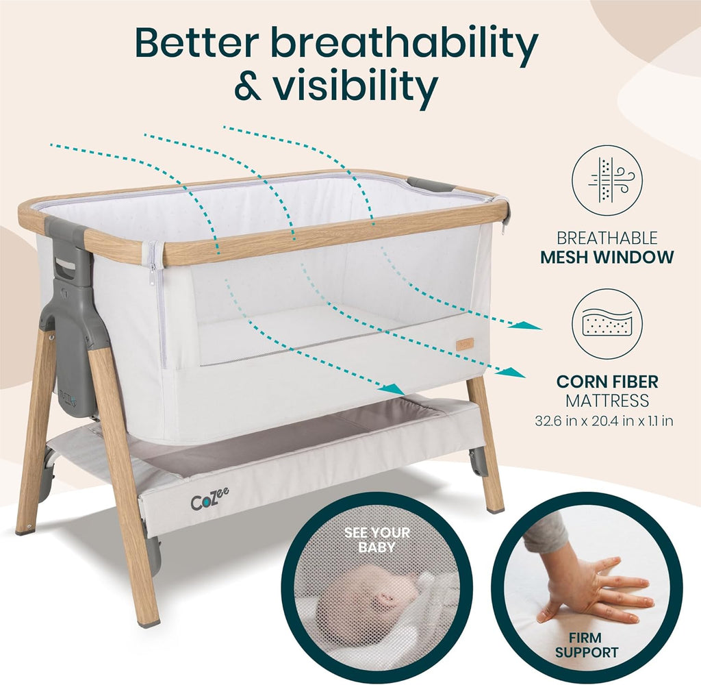 CoZee® 2-in-1 Baby Bassinet & Bedside Sleeper - Fast-Folding Bedside Bassinet, Baby Crib with 6 Mattress Heights & Breathable Mesh Window, Mattress Included, 0-6 Months (Silver & Oak)
