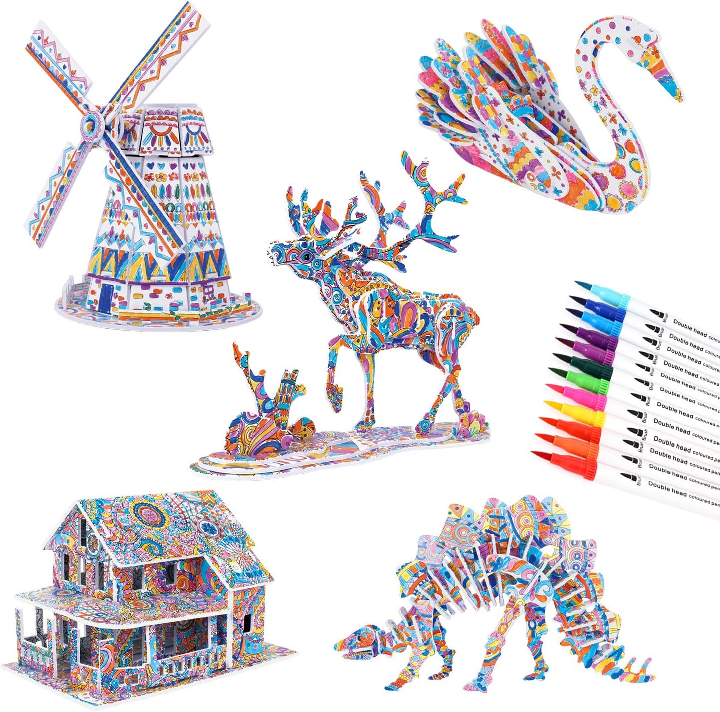 BEARUN 3D Coloring Puzzle Set, Arts and Crafts for Girls and Boys Age 6 7 8 9 10 11 12 Year Old, Fun Educational Painting Crafts Kit with Supplies for Kids, Birthday Toy Gift for Kids