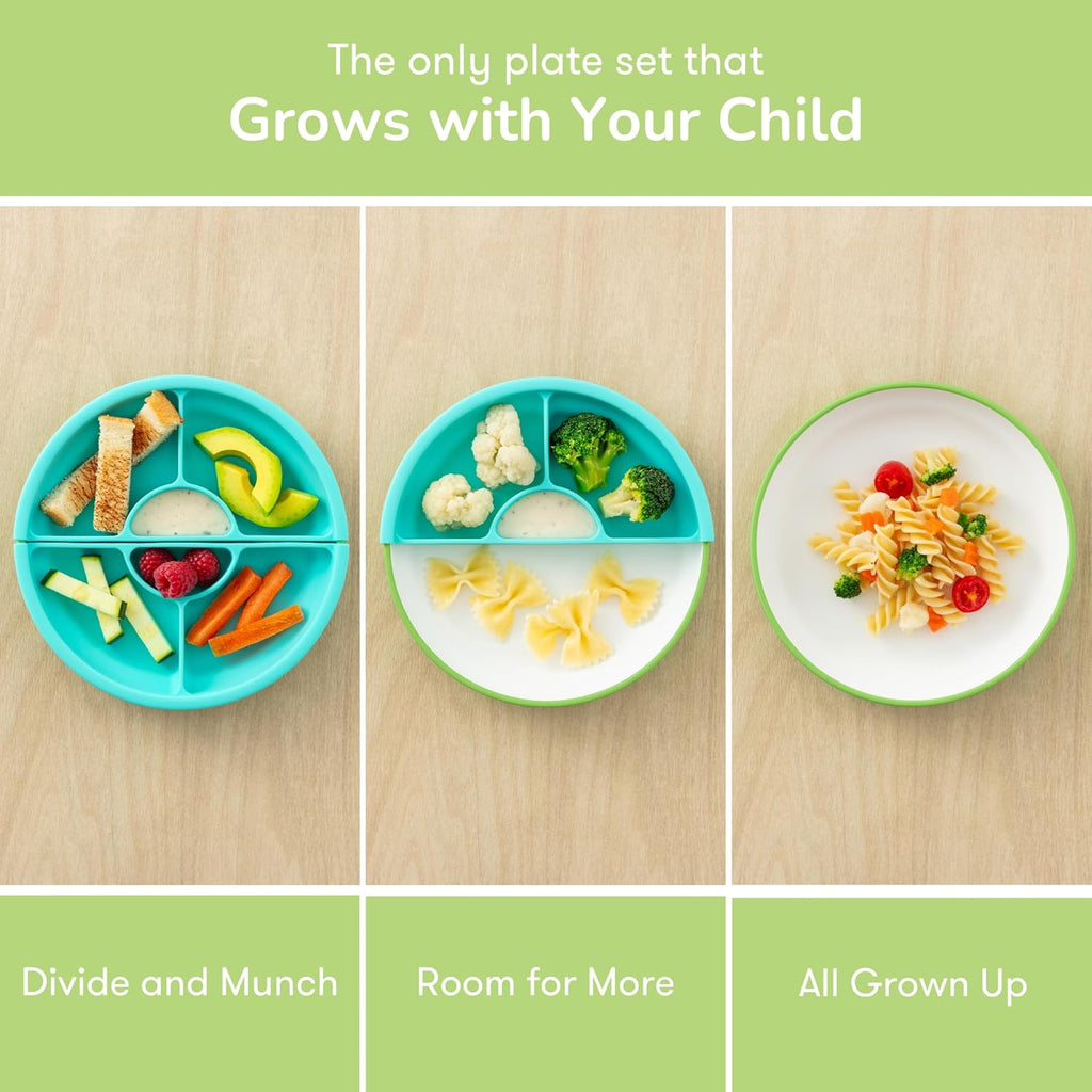 Omie® Easy Scoop Plates for Kids | Unique Design Helps Food Fall into the Spoon, Not on the Table | Made from Plants | 3 Plates + 2 Silicone Dividers | Green
