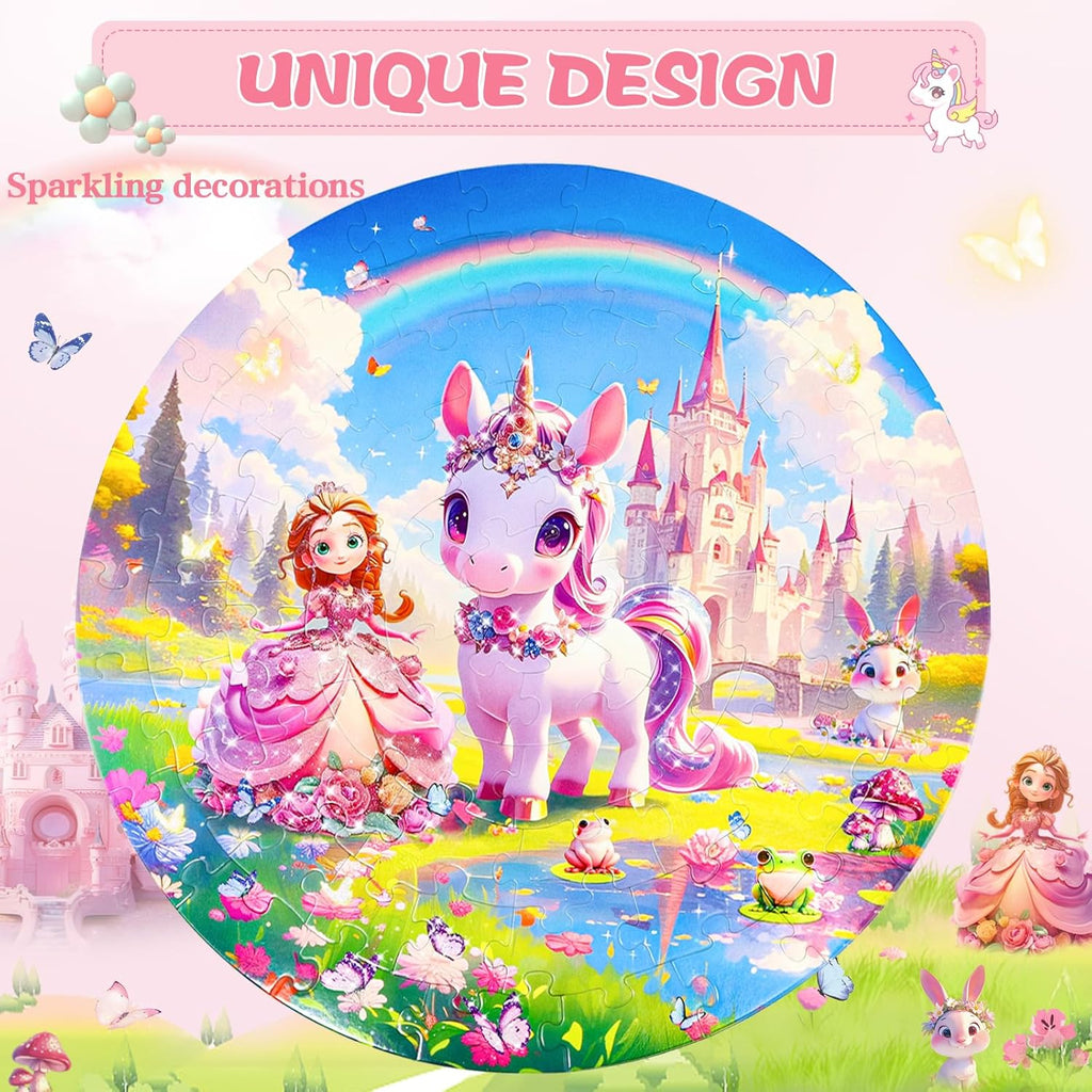 Floor Puzzles for Kids Ages 4-6, 70 Pieces Large Round Unicorn Princess Floor Puzzle Unicorn Jigsaw Puzzle Toy for 3 4 5 6 Toddler Girls - Educational Christmas, Birthday Gift