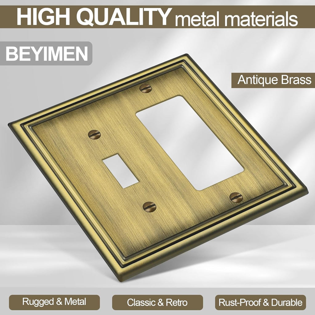 Combination Metal Light Switch Covers Wall Plate, 1 Toggle/1 Decorator Switch Plate Outlet Covers Antique Brass Decorative 2 Gang Wall Plate - Classic Style, 3 Pack