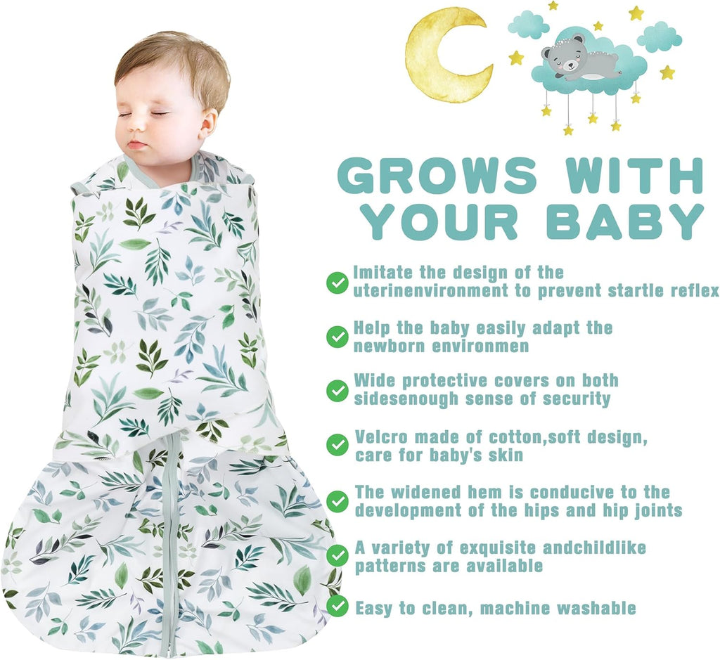 Newborn Sleep Sack Baby Swaddle,Swaddle me 0-3 Month,3-Way Adjustable Wearable Blanket,100% Rayon Cotton Swaddling Sleeping Bag，TOG 0.5 (Leaf, 0-3 Months)