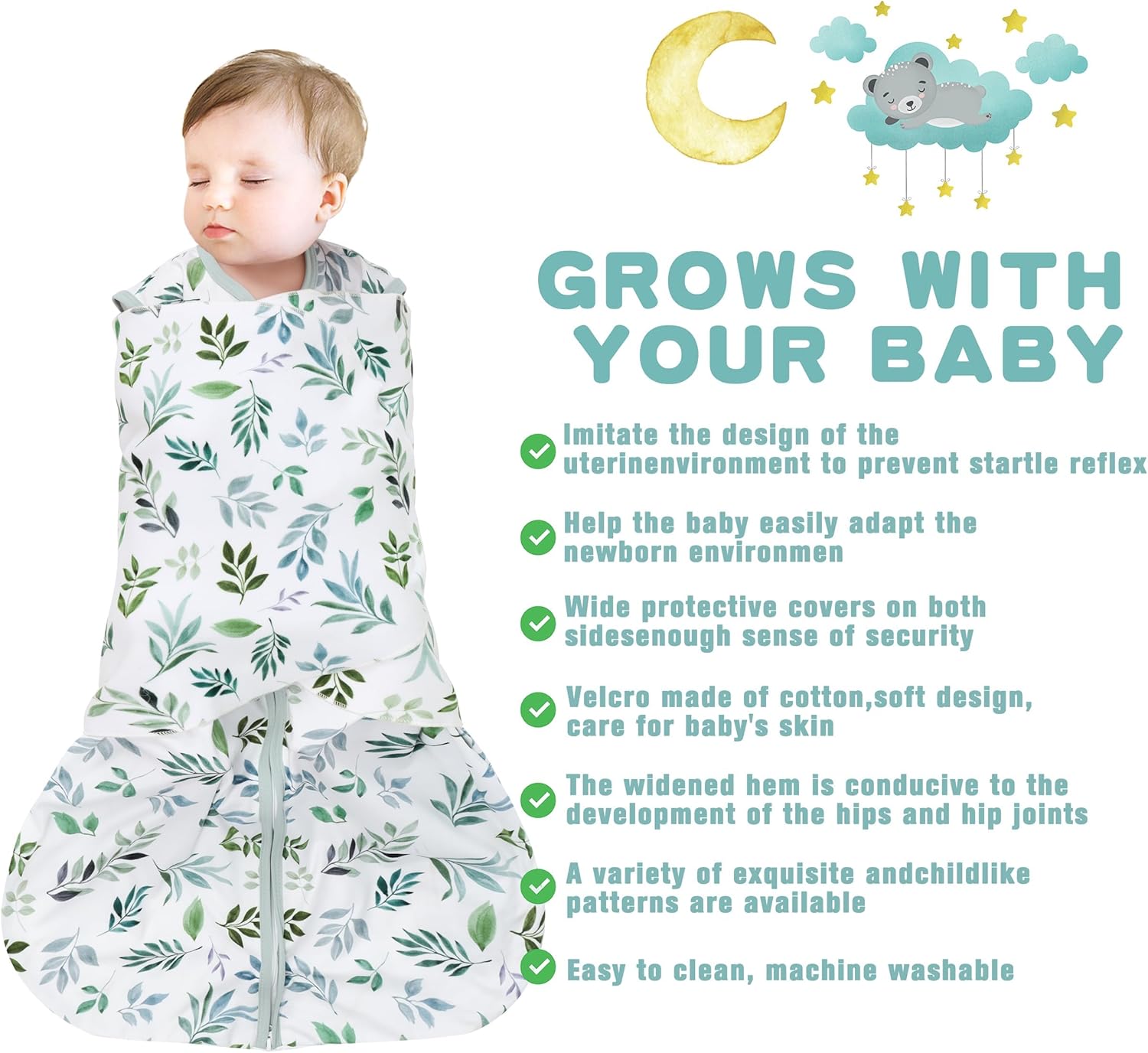 Newborn Sleep Sack Baby Swaddle,Swaddle me 0-3 Month,3-Way Adjustable Wearable Blanket,100% Rayon Cotton Swaddling Sleeping Bag，TOG 0.5 (Leaf, 0-3 Months)
