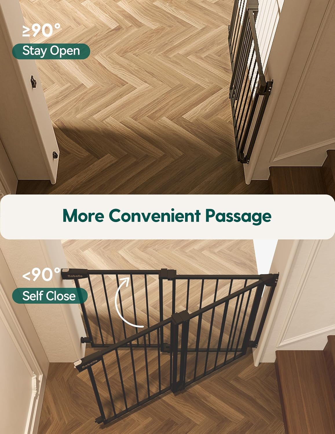 Babelio 29.7-46.5" No Bottom Bar Baby/Dog Gate for Stairs, House and Doorways, Auto Close Safety Pet Gates with Large Walk Thru Door, Hardware Mount, Black
