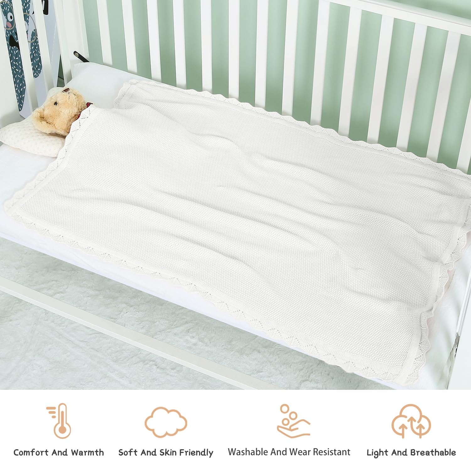 100% Cotton Baby Blanket Knit Lace Soft Warm Toddler Blanket,30 x 40 Inches，White