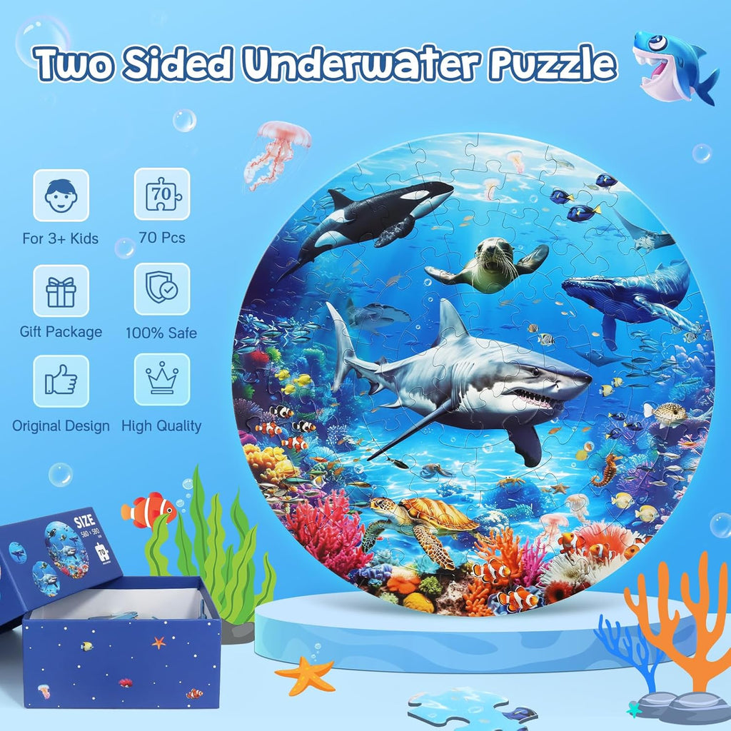 Underwater Ocean Floor Puzzle for Kids Ages 4-6, Shark Toys for Boys Girls, 70 Pieces Large Jigsaw Shark Puzzles for Kids Ages 3-8, Educational Ocean Animals Toys for Birthday Christmas