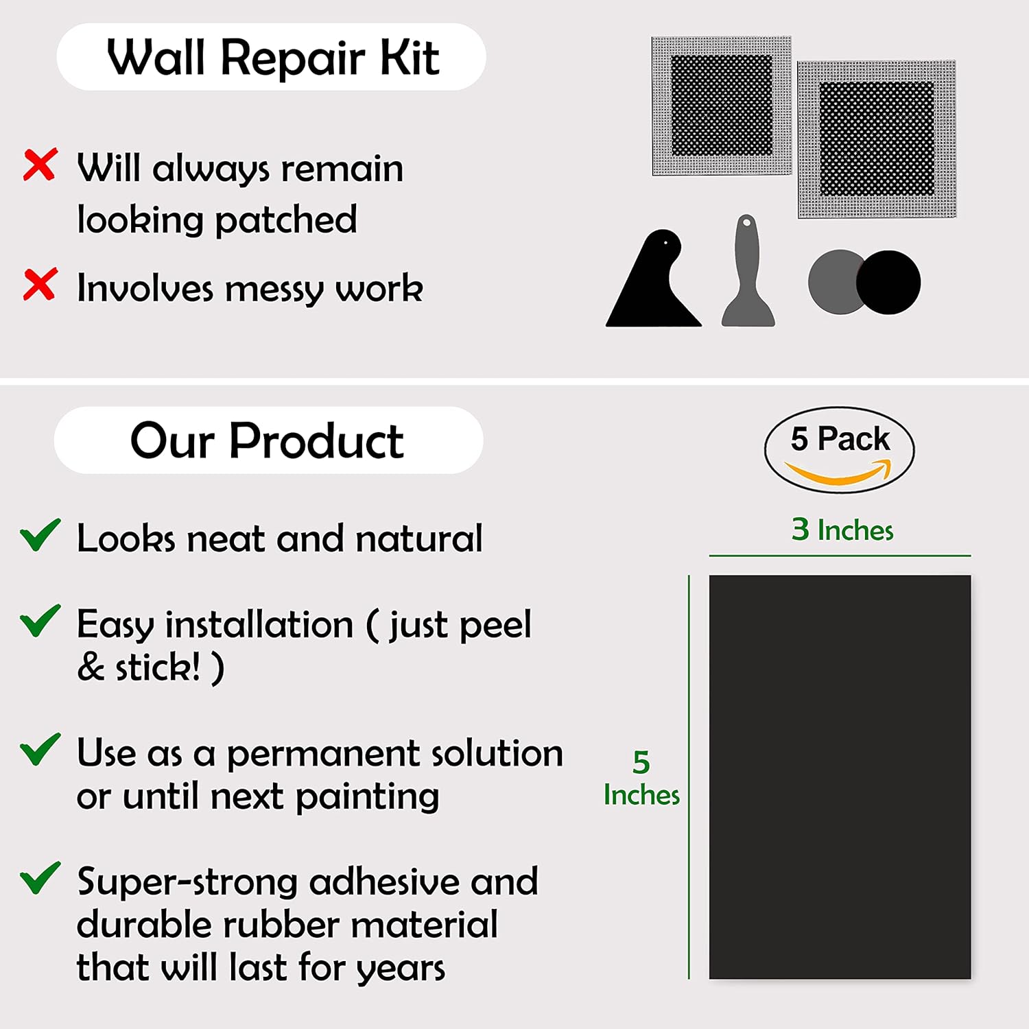 Rubber Bond Self-Adhesive Rubber Wall Outlet Cover Plate 5 Pack - Easy to Apply Peel & Stick Drywall Hole Patch - 5x3 Inch Screwless Blank Wall Plate Cover - Premium Rubber Wall Hole Cover (Black)
