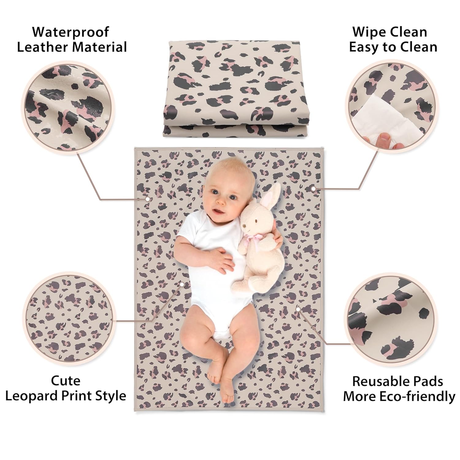 Vegan Leather Baby Changing Mat - Wipeable Portable Changing Pad, Foldable Travel Changing Mat for Baby, Newborns Toddlers Shower Gifts (Leopard Print,20"*28")