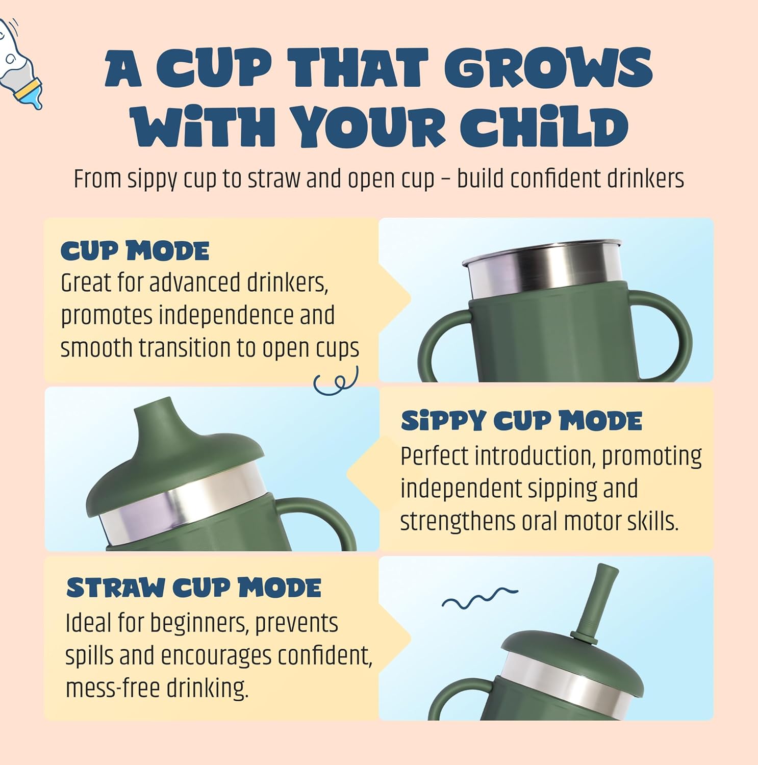 Jumble Dream Baby Sippy Cup, 100% Silicon Training Stainless Steel Kids Cups with Silicon Straw, Toddler Tumbler with Straw Spill Proof |6 Month Plus Toddler Sippy Cup| BPA Free Baby Beaker