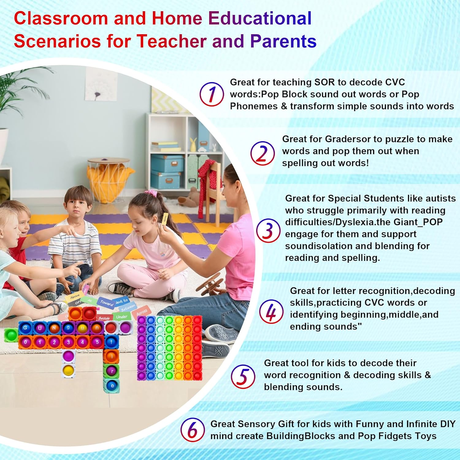 Lowercase Alphabet Multisensory Reading&Phonics Interactive Tools。Giant Silicone Bubble&Loud Crisp Sound&Infinite DIY Sight Words。Funny Learning Reading&Spell in Weeks by Pop Fidget Blocks