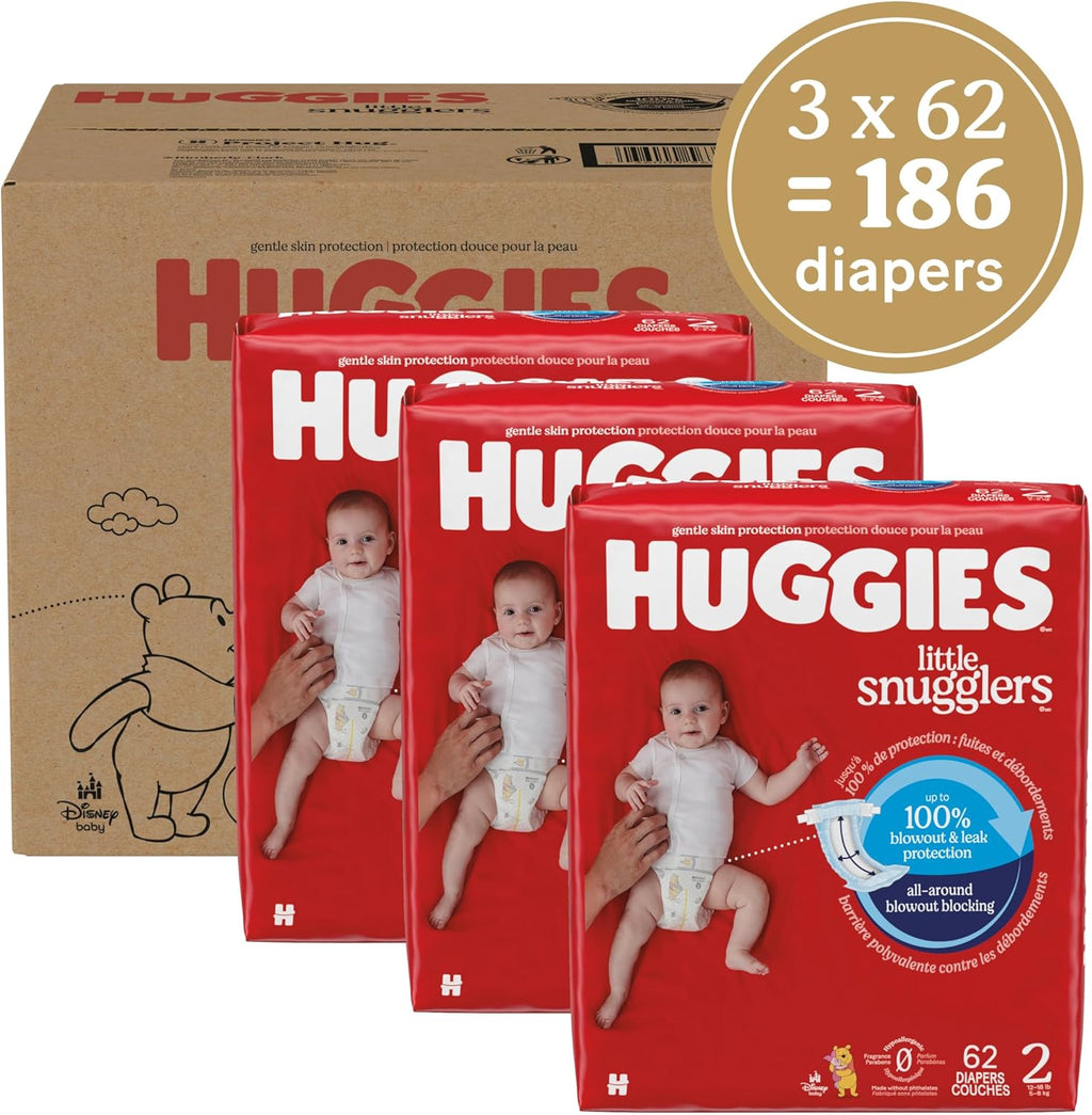Huggies Size 2 Diapers, Little Snugglers Baby Diapers, Size 2 (12-18 lbs), 186 Count (3 Packs of 62), Packaging May Vary
