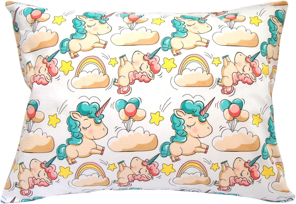 Toddler Pillowcase 13 x 18 Cotton Unicorn Pillows - Small Pillow Cases for Travel Pillows, Toddler Pillowcase Character - Green Unicorn with Balloons
