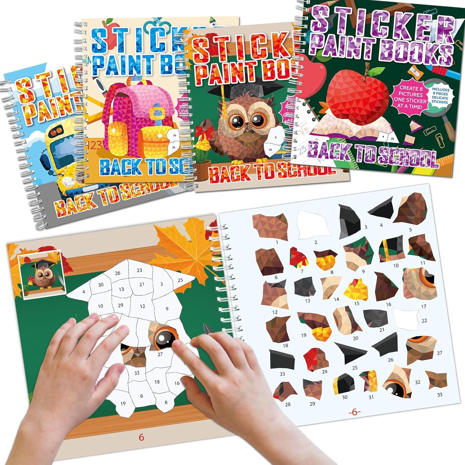 4Pcs Back to School Paint by Sticker Books Sticker by Number Books Activity Book Puzzle Book Craft Art Gift School Bus Apple Owl Alarm 32 Pictures
