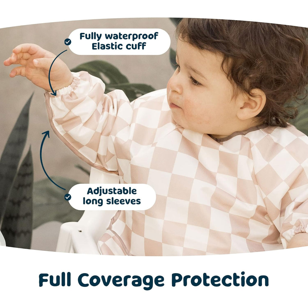 Tiny Twinkle Mess Proof Baby Bib,Waterproof Smock Baby Bib for Eating,Machine Washable Long Sleeve Bib,Baby Led Weaning,Toddler Bib,BLW Supplies(Checkers Brown, Small 6-24 Months)