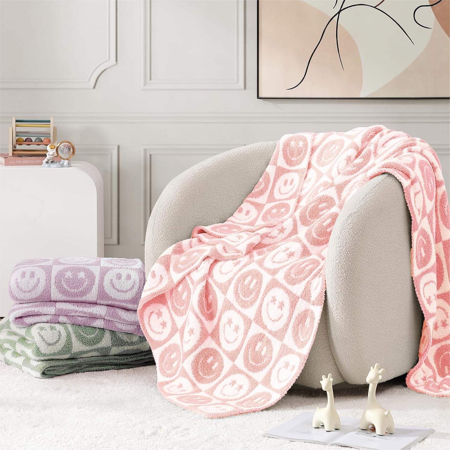 WRENSONGE Checkered Throw Blanket Blossom Smiling Face Soft Cozy Fluffy Warm Hand Made Throw Blankets for Couch, Sofa, Chair, Bed, Camping, Picnic, Travel Lightweight Bed Blanket - 50"*60"