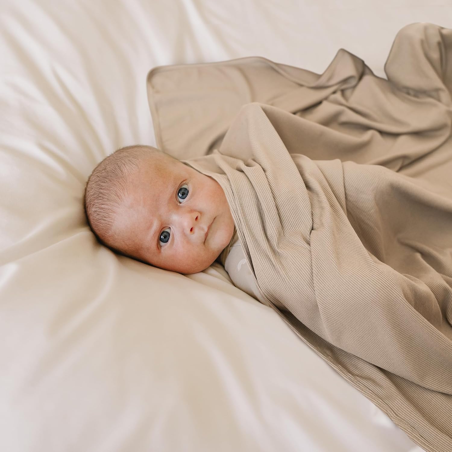 Konssy Knit Baby Blanket 2 Pack, Soft Ribbed Swaddle Receiving Blankets for Boys & Girls, Lightweight Cozy Swaddling Wrap for Newborns, Infants, & Toddlers, 33x42 Inch (Camel, Beige)