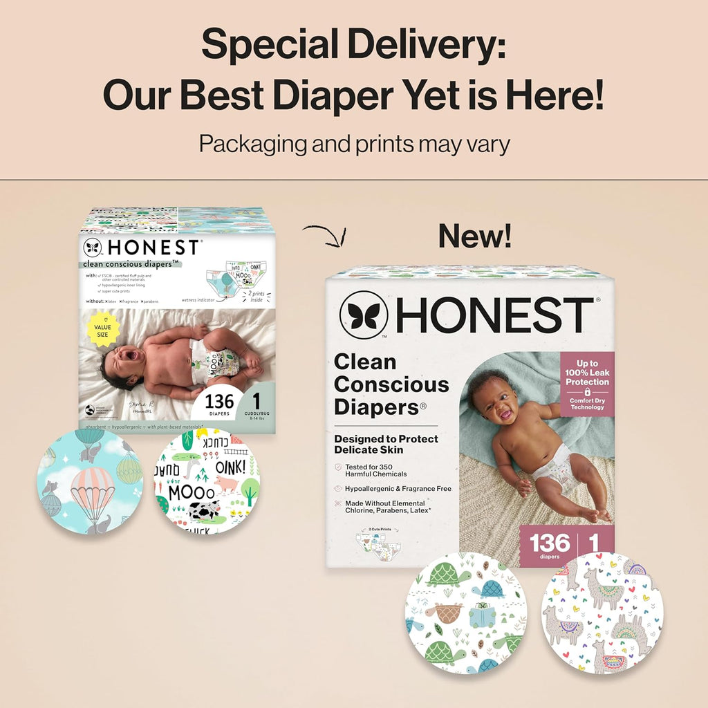 The Honest Company Clean Conscious Diapers for Delicate Skin | Up to 100% Leakproof | Hypoallergenic, Fragrance Free | Gender Neutral | Super Club Box, Size 1 (8-14 lbs), 136 Count (Prints May Vary)