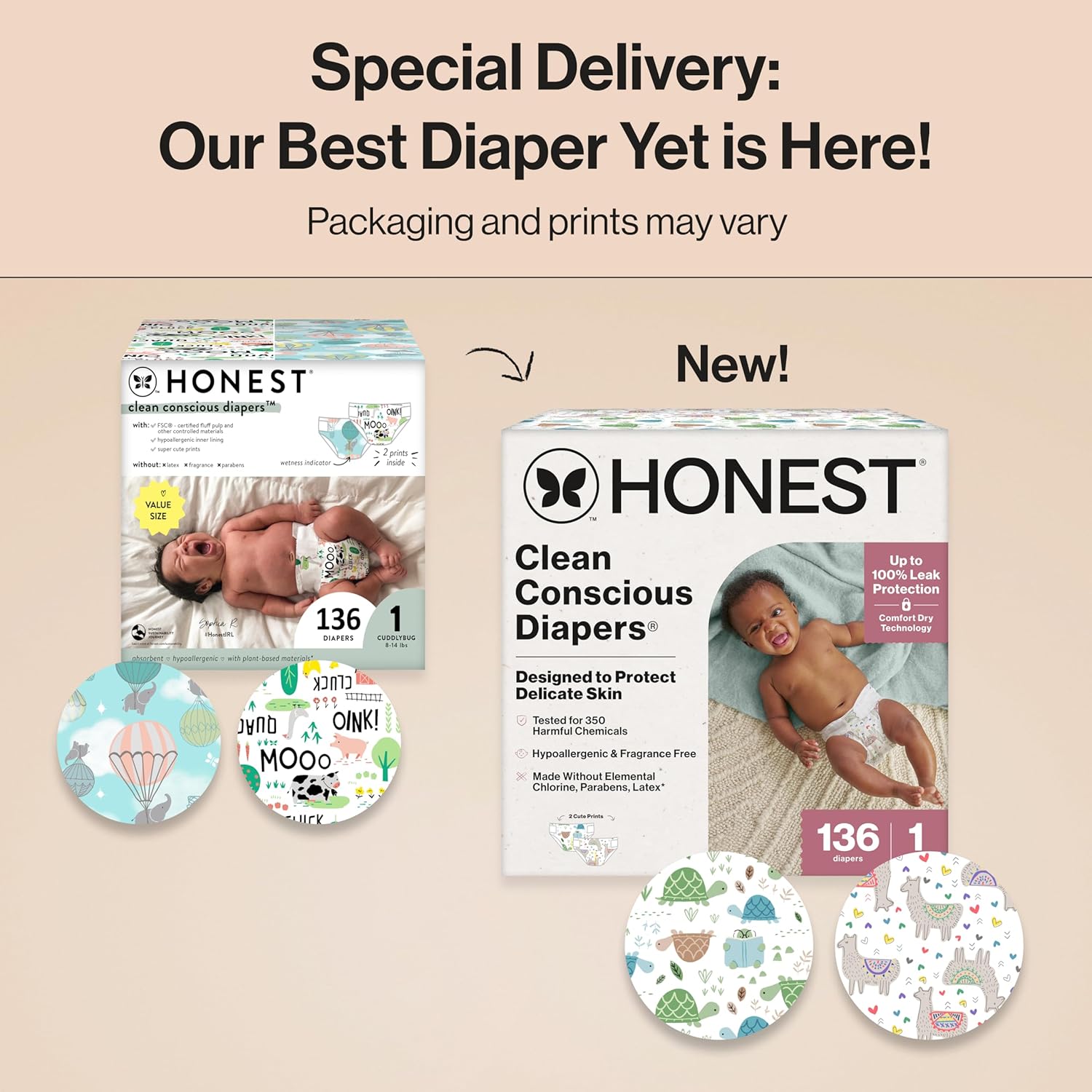 The Honest Company Clean Conscious Diapers for Delicate Skin | Up to 100% Leakproof | Hypoallergenic, Fragrance Free | Gender Neutral | Super Club Box, Size 1 (8-14 lbs), 136 Count (Prints May Vary)