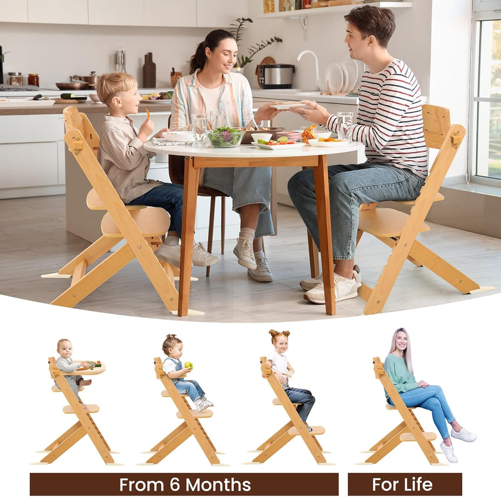 High Chair for Babies and Toddlers, Wooden Highchair with Adjustable Seat & Convertible Footrest Heights, Baby Feeding Chair with Safety Harness & Removable Double Layer Tray