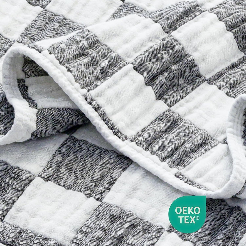 Muslin Swaddle Blankets for Baby Boys or Girls Breathable and Skin-Friendly 6 Layers Gauze Receiving Blankets Grey Chessboard 43 x 43 Inches