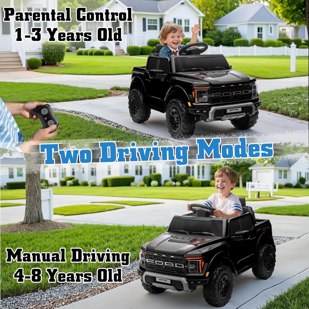 12V Ride on Car Licensed Ford F-150 Raptor, Kids Electric Car with Remote Control, LED Light/Music/MP3, Truck Bed Storage, 3-Point Seat Belt (12V, Black)