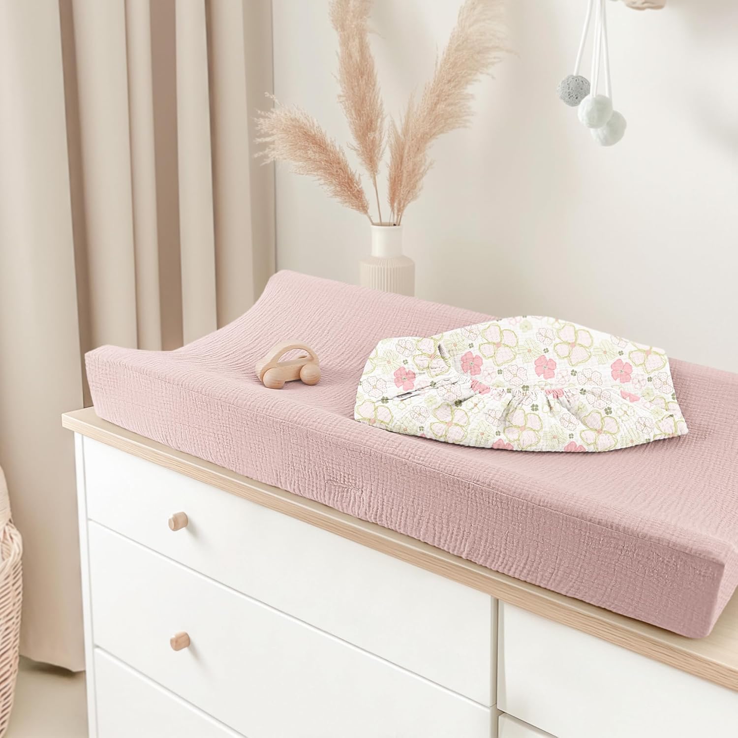Bearmoss Changing Pad Cover, 2 Pack Muslin [100% Cotton] Diaper Changing Table Covers, 32'' x 16'' Soft Breathable Changing Pad Sheets for Unisex Baby Girls and Boys with Strap Holes (Pinkfloral)